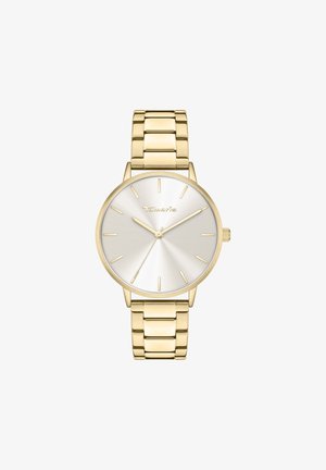 Goldfarbene analoge Uhr mit einem runden silbernen Zifferblatt, minimalistischen Indizes und einem Armbanddesign aus Gliedern. Verfügt über eine Krone und eine polierte Oberfläche.
