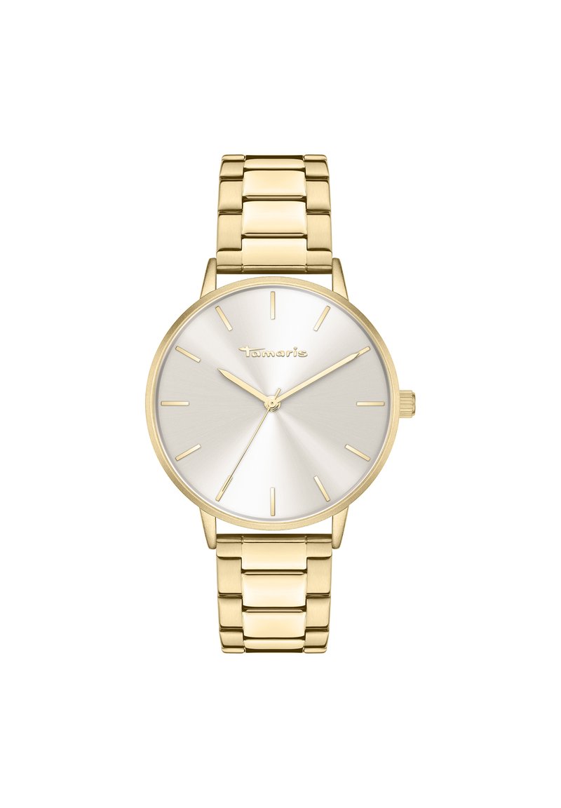 Goldfarbene analoge Uhr mit einem runden silbernen Zifferblatt, minimalistischen Indizes und einem Armbanddesign aus Gliedern. Verfügt über eine Krone und eine polierte Oberfläche.
