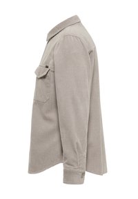 Graues Cordhemd mit Kragen, Knopfmanschetten und Brusttasche. Vertikal gerippte Struktur und lockere Passform.