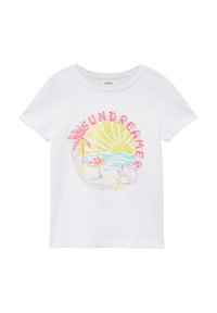 Biały bawełniany t-shirt z kolorowym nadrukiem przedstawiającym palmy, słońce, elementy plaży oraz napis "SUNDREAMER". Krótkie rękawy.