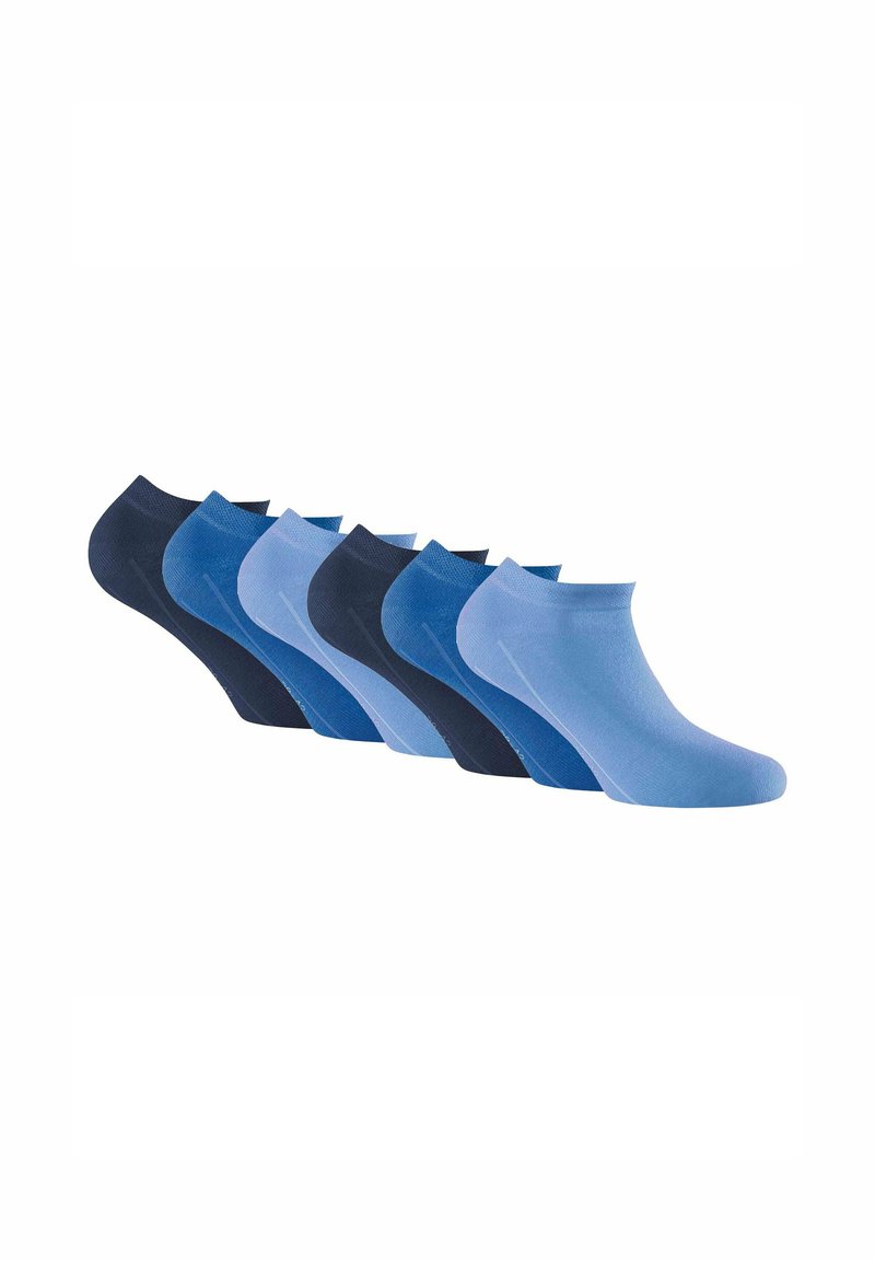 Conjunto de seis calcetines tobilleros en varios tonos de azul, con una textura suave y un diseño clásico sin patrones ni elementos visibles.