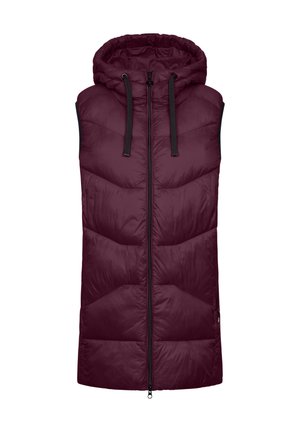 Bordeaux gewatteerde mouwloze vest met capuchon, voorzien van een frontale rits, zwarte accenten en een chevron-quiltpatroon voor isolatie.