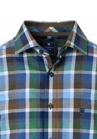 Heren medium Redmond casual overhemd met een blauw, groen, bruin en wit ruitpatroon en een standaard kraag.