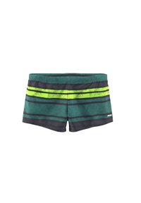 Groene en zwarte zwembroek met horizontale strepen in felgeel en donkergrijs. Ze hebben een gladde textuur en een slim fit ontwerp.