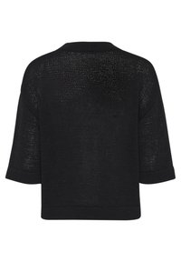 Black knitted sweater with short sleeves, loose fit, and textured pattern. Features a round neckline and rolled cuffs.