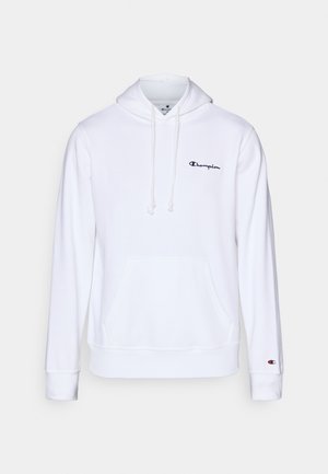 Witte hoodie van zachte katoen, voorzien van een voordoekzak, een capuchon met trekkoord en een zwart geborduurd logo op de borst.