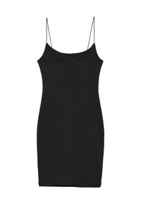 Robe noire sans manches avec des fines bretelles, silhouette moulante, texture de tissu lisse et ourlet à mi-genoux. Design simple et minimal.