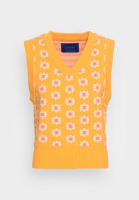 Gul stickad väst med V-ringning, med ett blommönster i vitt och rosa. Ribbad nederkant och ärmlös design.