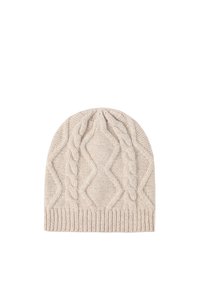 Kootud beanie müts heleses beežis, millel on nöörimuster, soonikserv ja sile tekstuur. Sobib külma ilma jaoks.
