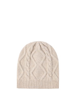 Kootud beanie müts heleses beežis, millel on nöörimuster, soonikserv ja sile tekstuur. Sobib külma ilma jaoks.