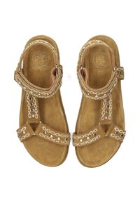 Sandali in suede marrone con perline intrecciate, cinturini regolabili e soletta piatta. Presentano elementi circolari e un plantare imbottito per il comfort.