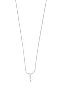 Zilveren ketting met een glad, rond medaillon. De ketting is slank en delicaat, met een fijne textuur en een gepolijste afwerking.