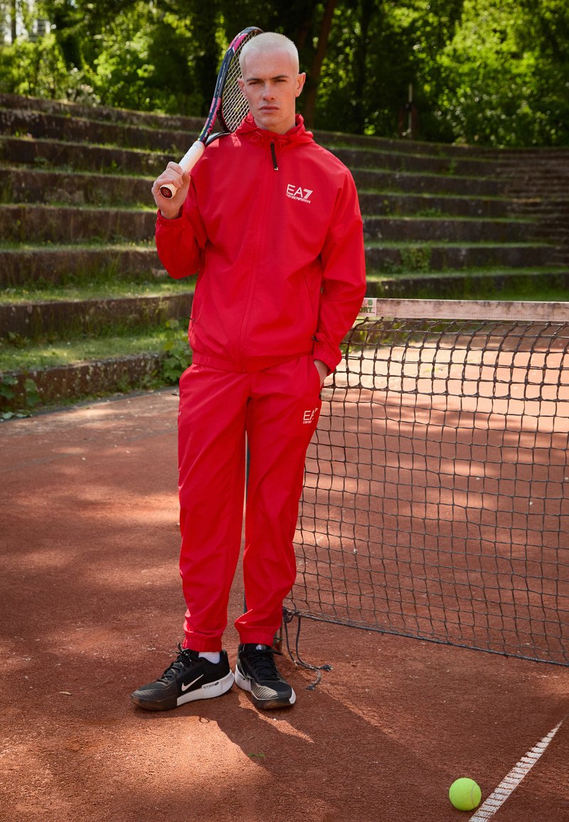 Caxndycing Tuta da jogging da uomo, tuta sportiva, giacca da allenamento, colletto con chiusura lampo, per il tempo libero, tuta sportiva, Y rosso, M
