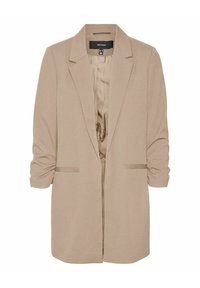 Blazer lungo beige realizzato in tessuto liscio, con colletto a revers, maniche a tre quarti arrotolate e due tasche frontali. Fodera interna.