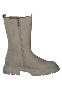 Bottine beige avec un matériau en cuir lisse, fermeture éclair sur le côté, semelle texturée et un grand talon. Présente des coutures le long de la semelle.