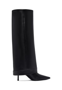 Zwarte leren kniehoge laarzen met een strakke silhouet, puntige neus en spitse hak. Glad textuur met een glanzende afwerking en minimalistischer ontwerp.