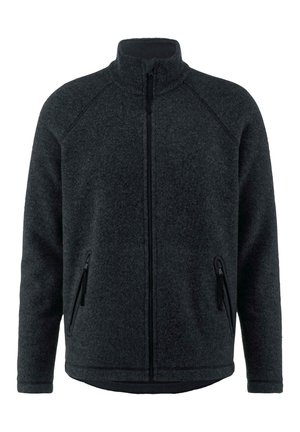 Zwarte fleecetrui met een hoge kraag, ritssluiting aan de voorkant en twee zijzakken. Heeft raglanmouwen en een zachte, gestructureerde afwerking.