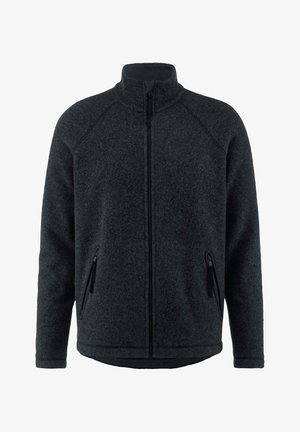 Giacca in pile nera con colletto alto, chiusura con zip frontale e due tasche laterali. Presenta maniche raglan e una finitura morbida e testurizzata.