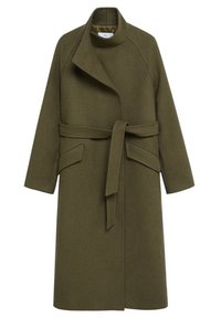 Olivengroene wollen trenchcoat met lange mouwen, een brede kraag, een riem en twee voorzakken; zachte textuur en minimalistisch ontwerp.