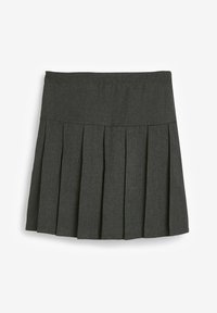 Grauer plissierter Rock mit breitem Bund, strukturiertem Stoff, mehreren vorderen Falten und geradem Schnitt. Geeignet für legere oder formelle Anlässe.