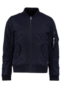 Giacca bomber blu navy, con zip anteriore, polsini e orlo a coste, tasche laterali, tasca con zip sulla manica, tessuto morbido con finitura opaca.