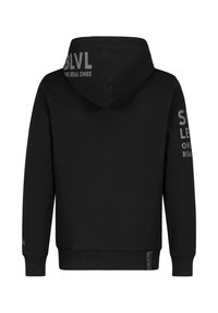 Zwarte hoodie met een voorzak, ribgebreide mouwen en onderrand. Bevat grijze bedrukte tekst op de capuchon en mouwen. Zachte stoftextuur.