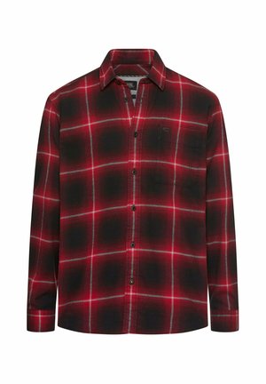 Chemise en flanelle à carreaux rouges et noirs avec un design à bouton, manches longues, poches poitrine et lignes grises contrastantes dans le motif.