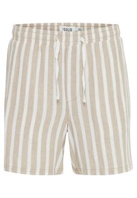 Shorts rayés beige et blanc en tissu léger. Dotés d'une taille élastique ajustable avec cordon de serrage et de poches latérales.