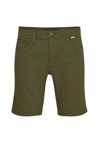 Olivgrüne Shorts aus einem weichen Baumwollmix, mit frontalen Taschen, einem vorderen Knopfverschluss und gesteppten Akzenten entlang der Nähte.
