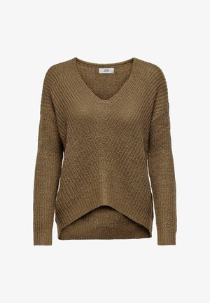 Brown, knitted sweater with a V-neck and long sleeves. Features a relaxed fit and high-low hem. Textured pattern throughout.