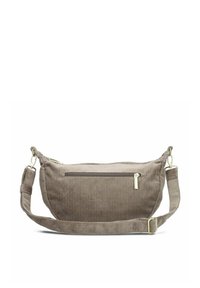 Borsa a tracolla in corduroy marrone con tasca frontale con zip, tracolla regolabile e superficie texturizzata. Dettagli di cucitura discreti lungo i bordi.
