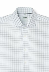Weißes Hemd mit Knopfleiste und dezentem grauem Karomuster, ausgestattet mit klassischem Kragen, glatter Vorderseite und weichem Stoff.