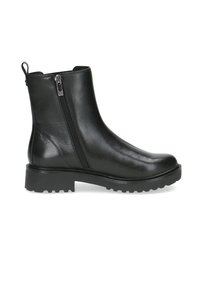 Botín negro de cuero hasta el tobillo con textura suave, cierre lateral con cremallera y suela robusta con perfil antideslizante. Presenta una lengüeta para un fácil calzado.