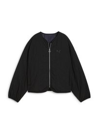 Schwarze Bomberjacke mit Reißverschluss, rundem Halsausschnitt und überschnittenen Schultern. Verfügt über einen strukturierten Stoff und ein kleines Logo auf der Brust.
