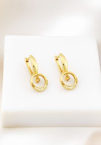 Guldörhängen med en cirkulär design, som har en mindre ögla med rhinestones. Slät yta och polerad textur.