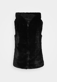 Black faux fur vest with a zip closure and hood. Features a soft texture and sleeveless design, suitable for layering in cooler weather.