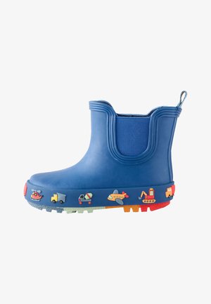 Botte de pluie bleue pour enfants avec des décorations colorées de véhicules et d'avions autour de la semelle et une semelle extérieure texturée aux couleurs de l'arc-en-ciel.