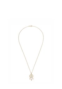 Guldtonad halsband med en cirkulär hängsmycke som har ett blommönster och tre hängande bladdetaljer. Delikat kedjedesign.