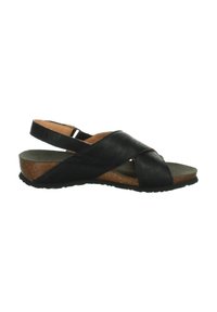 Schwarze Ledersandale mit überkreuztem Design, Korkmittelsohle, verstellbarem Rückriemen und strukturiertem Profil. Offene Zehen- und Fersenpartie für Atmungsaktivität.