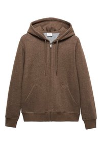 Sweat à capuche marron avec fermeture éclair, fabriqué en tissu doux, doté d'une capuche avec cordon, de deux poches frontales et de poignets et d'un ourlet côtelés.