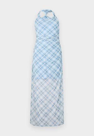 Hellblaues Halbdress mit Karomuster, das eine taillierte Brustpartie und einen fließenden, transparenten Rock hat. Das Material scheint leicht und sanft zu sein.