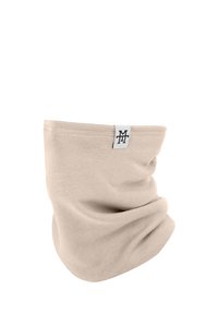 Beige cotton neck gaiter with a soft texture, featuring a white label with black logo on the side. Designed for warmth and comfort.