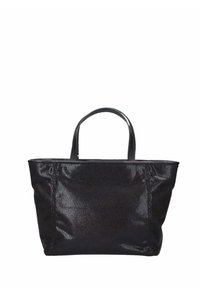 Borsa tote nera con texture, dotata di due manici robusti, con una finitura lucida e un ampio spazio interno. Nessun ulteriore accessorio o decorazione visibile.