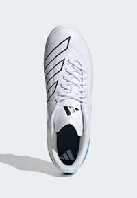 White athletic shoe with glossy synthetic upper, black stripe design, flat laces, and blue rubber sole. Features logo on tongue and side.