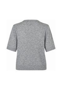 Pull en maille gris à manches courtes avec un motif texturé et des bords-côtes à l'ourlet et aux poignets, montré de dos.