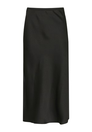 Falda midi negra hecha de una tela suave y ligera. Presenta un diseño sencillo con una cinturilla elástica y un brillo sutil.