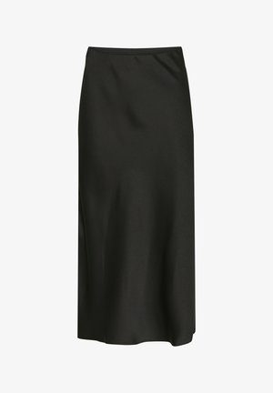 Black midi skirt made of smooth, lightweight fabric. Features a straightforward design with an elastic waistband and a subtle sheen.