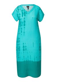 Türkises Kleid mit V-Ausschnitt, kurzen Ärmeln und A-Linien-Form. Mit einem Batikmuster in dunklerem Türkis am Saum. Weicher Stoff.