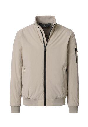 Beige casual jacket with front zipper, ribbed cuffs and hem, and zippered pockets on sides and left sleeve.