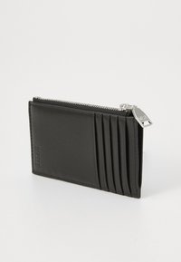 Black leather wallet with zip closure, featuring multiple card slots on one side and a smooth texture. Silver hardware accent included.